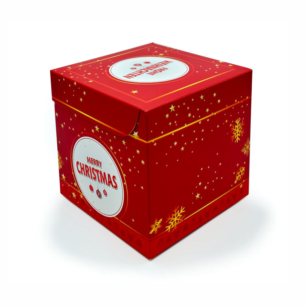Geschlossene Rätselbox Weihnachten in Rot mit goldenen Sternen und Schneeflocken sowie rundem Motiv mit Schriftzug ‚Merry Christmas‘ an der Seite.