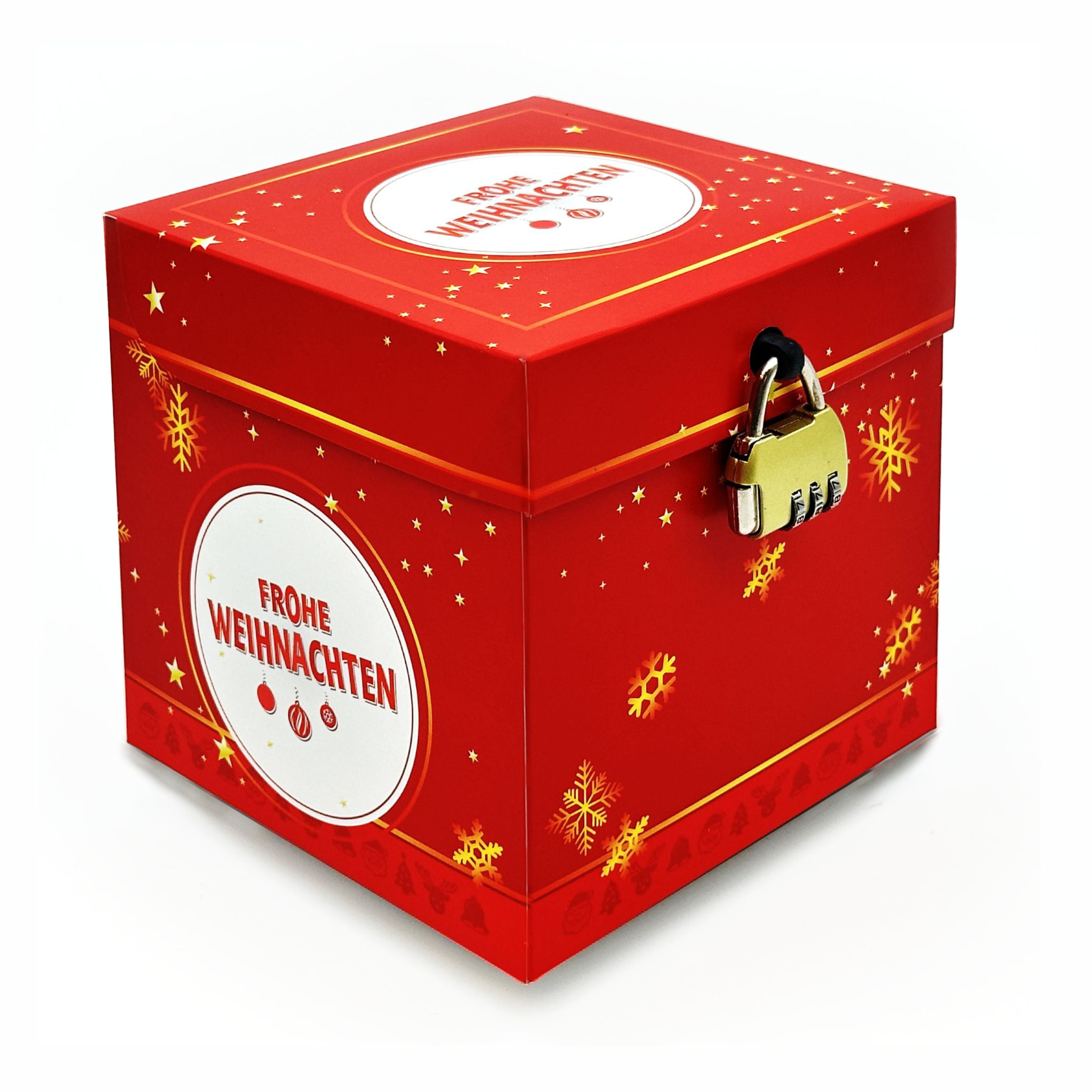 Geschlossene Rätselbox Weihnachten in Rot mit goldenen Stern- und Schneeflockenmotiven, goldenem Zahlenschloss und rundem Motiv mit Schriftzug ‚Frohe Weihnachten‘.