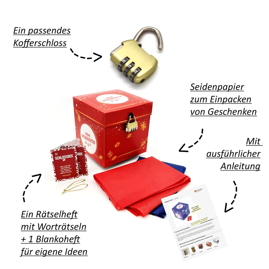 Rätselbox Weihnachten in Rot mit goldenen Schneeflocken inklusive Zubehör: goldenem Kofferschloss, Rätselheft mit Worträtseln, zusätzlichem Blankoheft für eigene Ideen, Seidenpapier zum Einpacken und ausführlicher Anleitung.