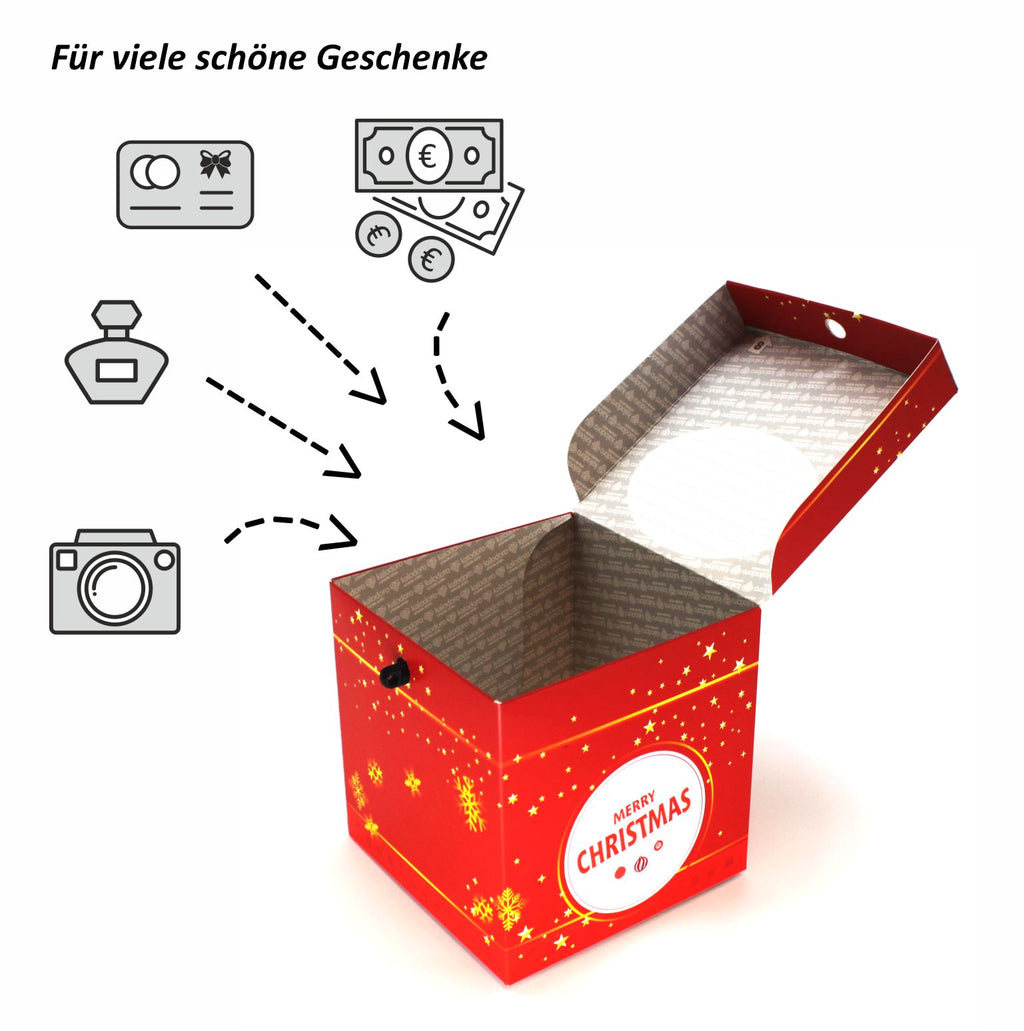 Geöffnete Rätselbox Weihnachten in Rot mit goldenen Sternen und Schneeflocken, geeignet für Geldgeschenke, Gutscheine oder kleine Weihnachtsgeschenke. Entsprechende Icons sind am Bildrand zu sehen.