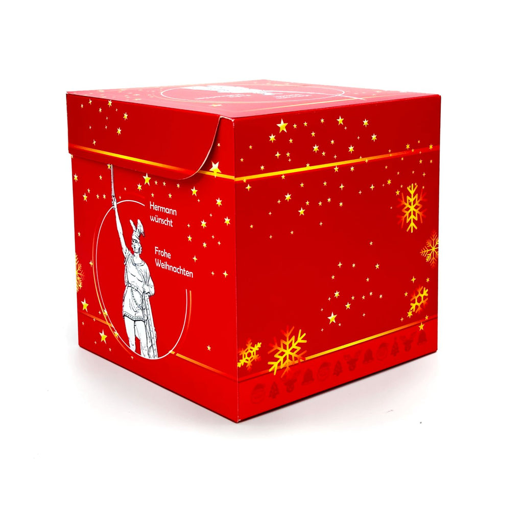 Rätselbox Weihnachten Hermannsdenkmal in Rot mit goldenen Stern- und Schneeflockenmotiven sowie Hermannsdenkmal-Illustration auf der Seite. Text: Hermann wünscht Frohe Weihnachten