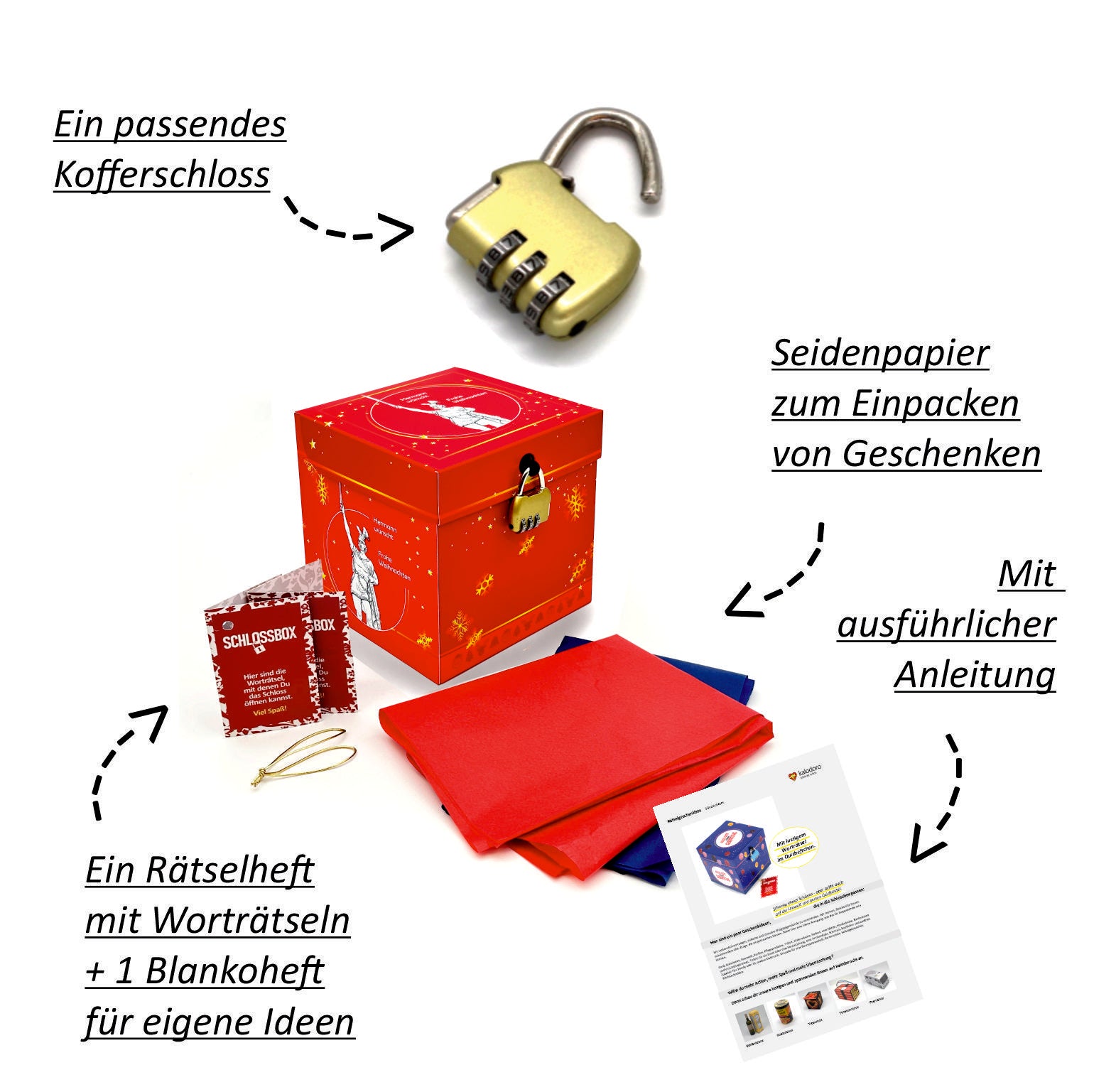 Lieferumfang der Rätselbox Weihnachten Hermannsdenkmal mit Kofferschloss, Rätselheft, Blankoheft, Seidenpapier und Anleitung auf weißem Hintergrund.