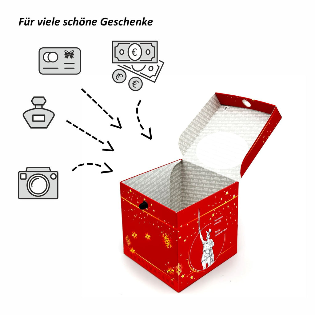 Geöffnete Rätselbox Weihnachten Hermannsdenkmal in Rot mit goldenen Sternen, daneben Icons für Geldgeschenke, Gutscheine, Parfum oder kleine Präsente.