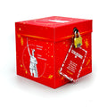 Geschlossene Rätselbox Weihnachten Hermannsdenkmal in Rot mit goldenen Stern- und Schneeflockenmotiven, goldenem Zahlenschloss und rotem Rätselheft-Anhänger. Text: Hermann wünscht Frohe Weihnachten