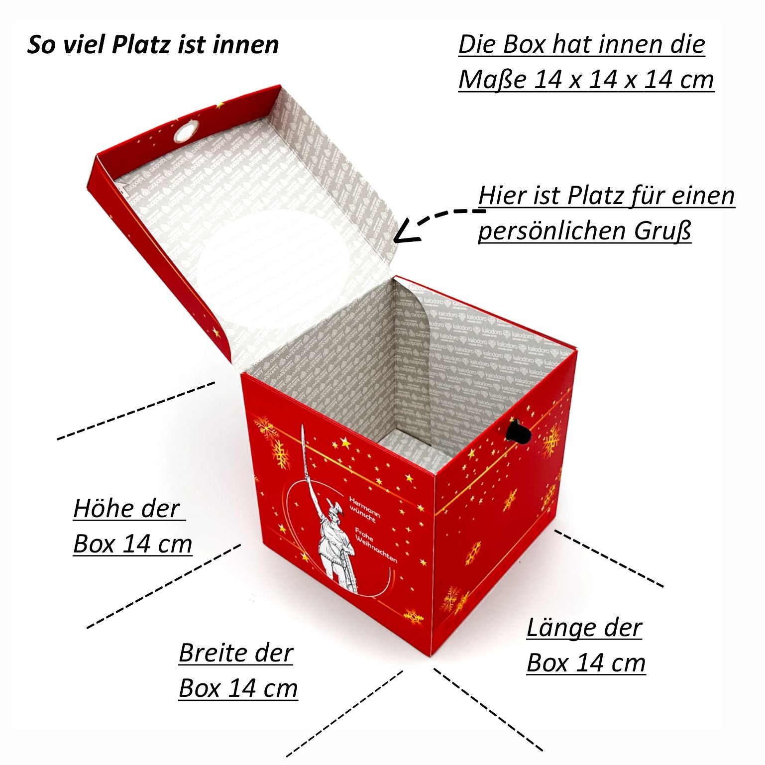 Geöffnete Rätselbox Weihnachten Hermannsdenkmal in Rot mit goldenen Sternmotiven, quadratischer Innenraum 14 x 14 x 14 cm und beschreibbarem Feld im Deckel.