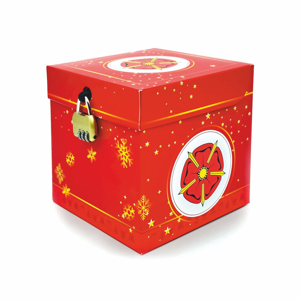 Rote Rätselbox Weihnachten Lippische Rose mit goldfarbenem Zahlenschloss und Schneeflockenmotiv auf weißem Hintergrund.