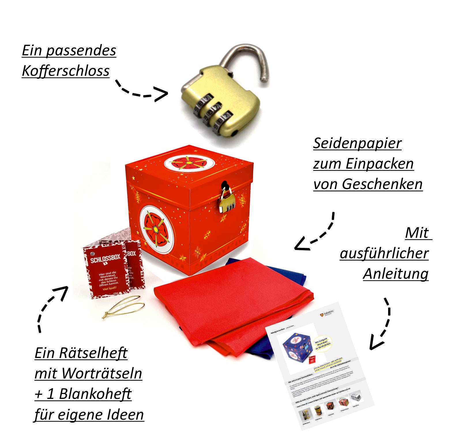 Zubehör der roten Rätselbox Weihnachten Lippische Rose mit Zahlenschloss, Rätselheft, Blankoheft, rotem und blauem Seidenpapier sowie gedruckter Anleitung.