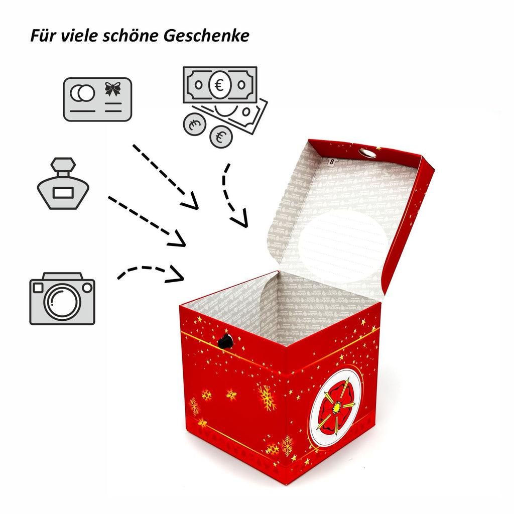 Geöffnete rote Rätselbox Weihnachten Lippische Rose mit Symbolgrafiken für Geld, Gutscheine und Geschenke.