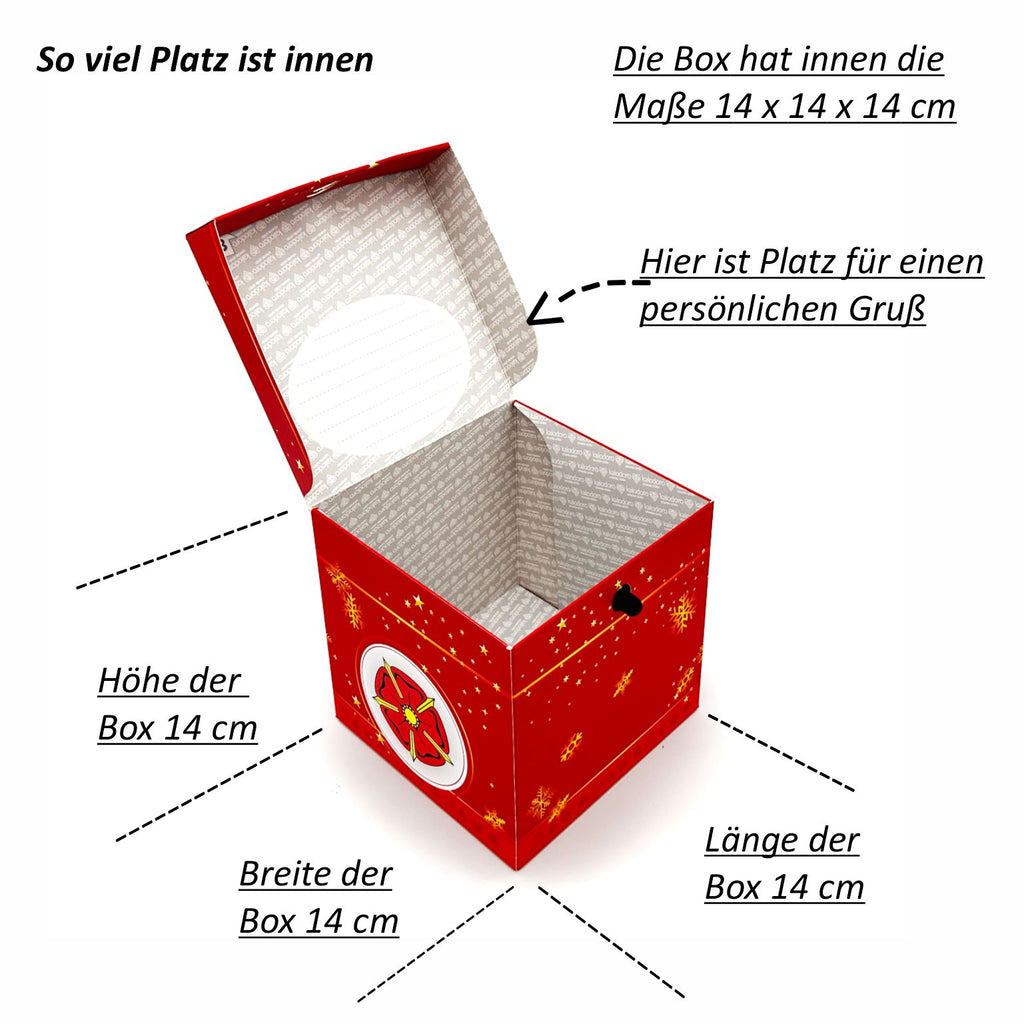 Geöffnete rote Rätselbox  Weihnachten Lippische Rose mit Innenraum und Maßangaben 14 x 14 x 14 cm auf weißem Hintergrund.