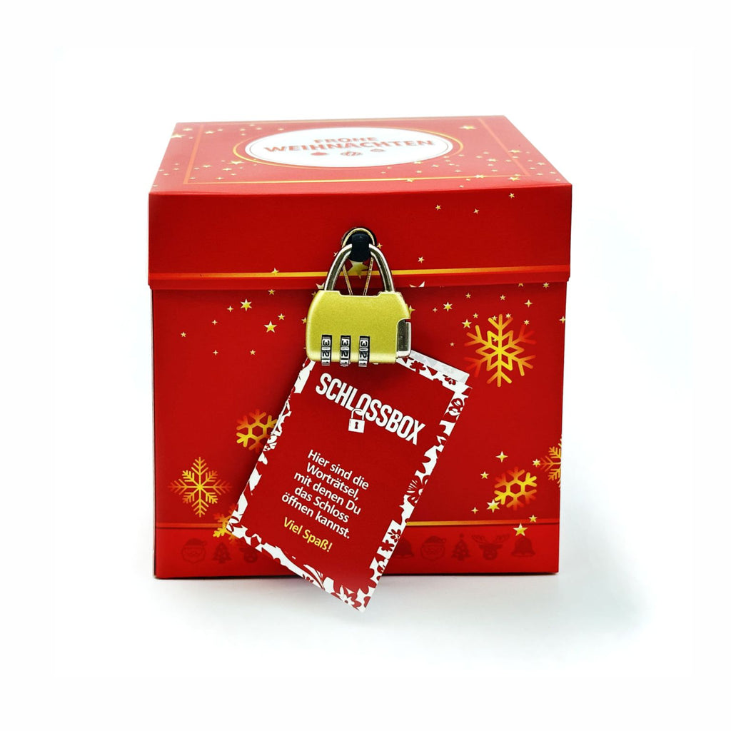 Geschlossene Rätselbox Weihnachten in Rot mit goldenen Stern- und Schneeflockenmotiven, goldenem Zahlenschloss und rotem Rätselheft-Anhänger.