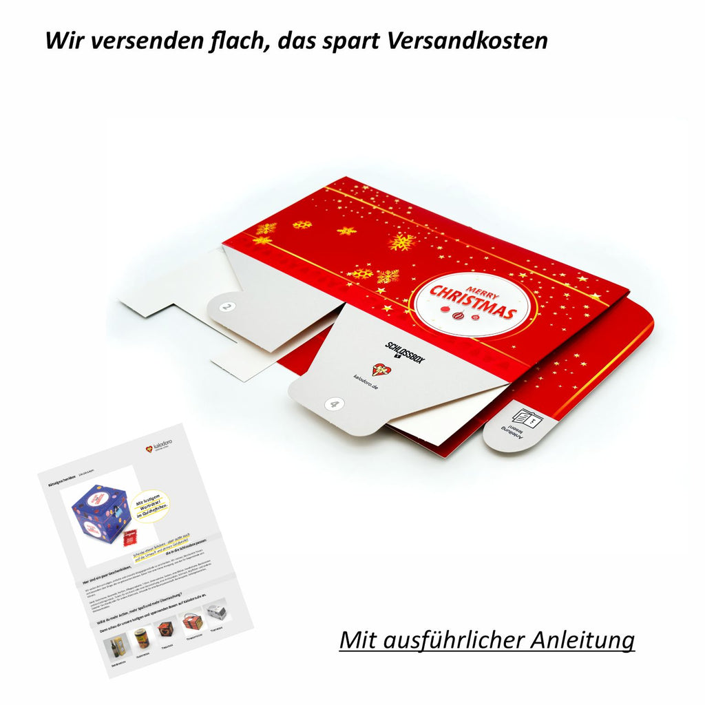 Rätselbox Weihnachten in Rot mit goldenen Stern- und Schneeflockenmotiven, flach liegend zum Versand, inklusive ausführlicher Anleitung.
