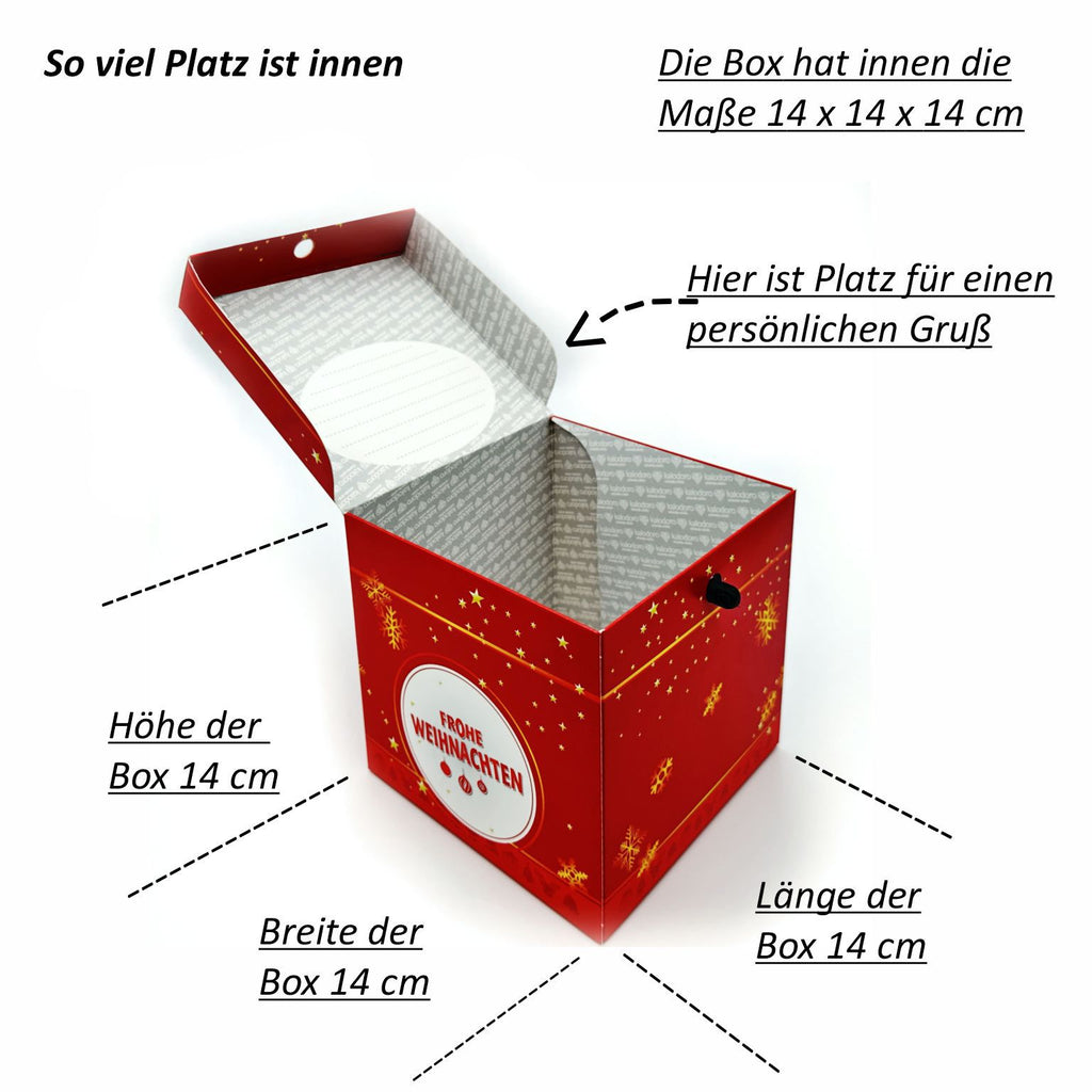 Geöffnete Rätselbox Weihnachten in Rot mit goldenen Stern- und Schneeflockenmotiven, Innenraum 14 x 14 x 14 cm groß und mit Fläche für einen persönlichen Gruß im Deckel.
