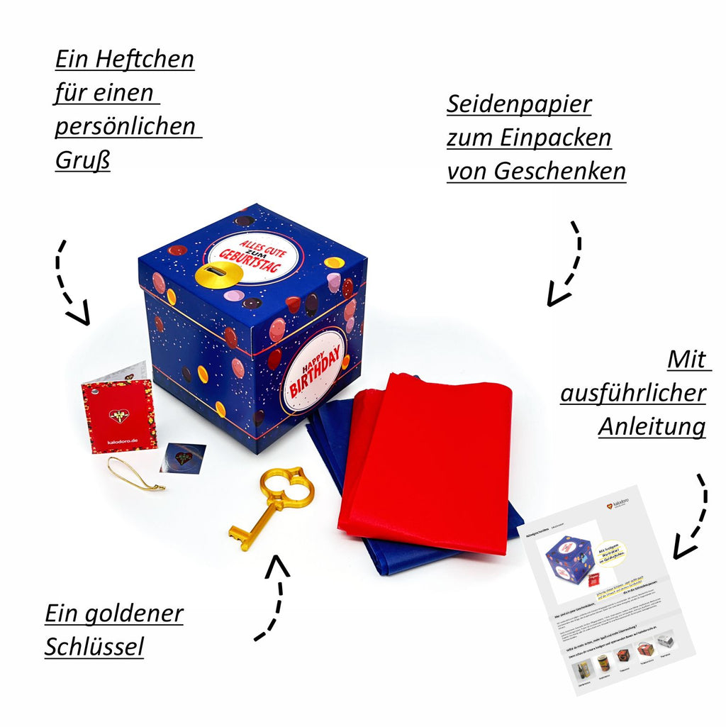 Blaue Schlossbox Geburtstag mit goldenem Schlüssel, Seidenpapier, Grußheft und Anleitung als Zubehör auf weißem Hintergrund.