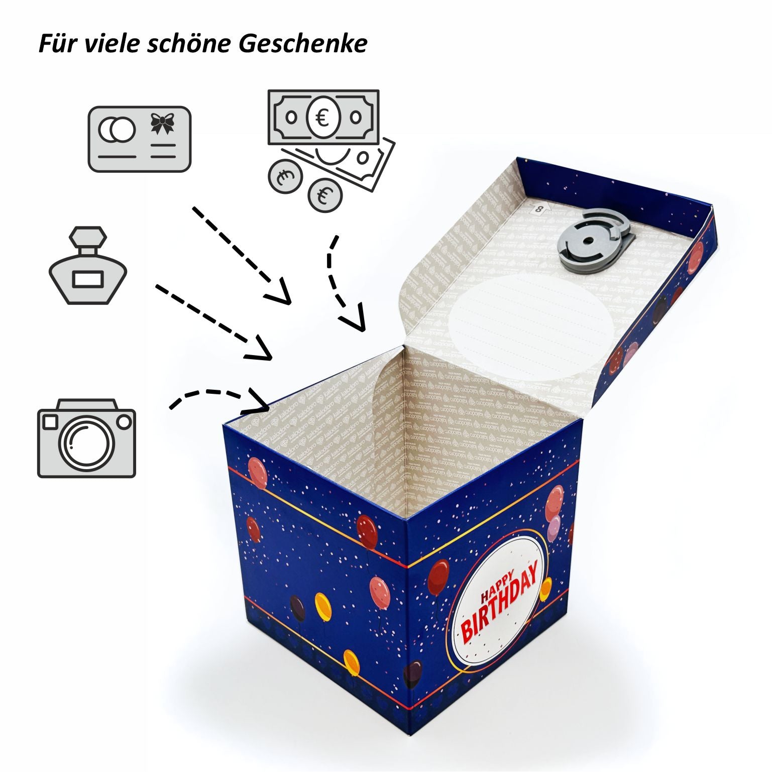 Offene Schlossbox zum Geburtstag im blauen Ballon-Design mit rundem Schriftzug ‚Happy Birthday‘, aufgeklappter Deckel mit Beschriftungsfeld. Icons für Geld, Gutscheine oder kleine Geschenke.