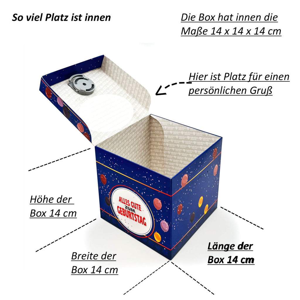 Geöffnete Schlossbox zum Geburtstag im blauen Ballon-Design mit Schriftzug ‚Alles Gute zum Geburtstag‘, Innenraum mit den Maßen 14 x 14 x 14 cm und Platz für persönliche Botschaften auf der Innenseite des Deckels.