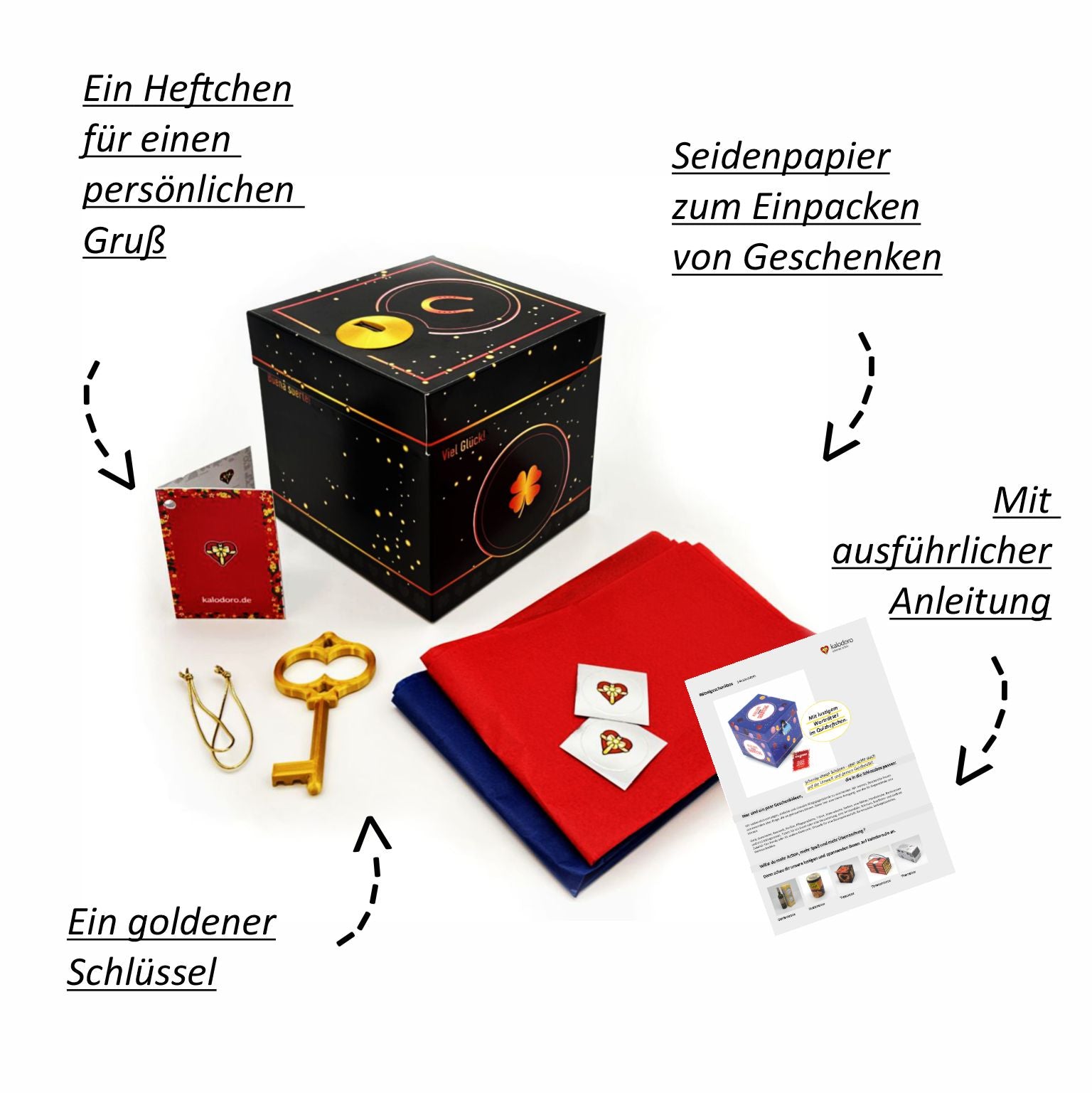 Schlossbox Glück in Schwarz mit goldenen Sprenkeln und Kleeblatt-Motiv, abgebildet mit kompletter Ausstattung: goldener Schlüssel, Grußheftchen für persönliche Worte, Seidenpapier zum Einpacken und ausführliche Aufbauanleitung.