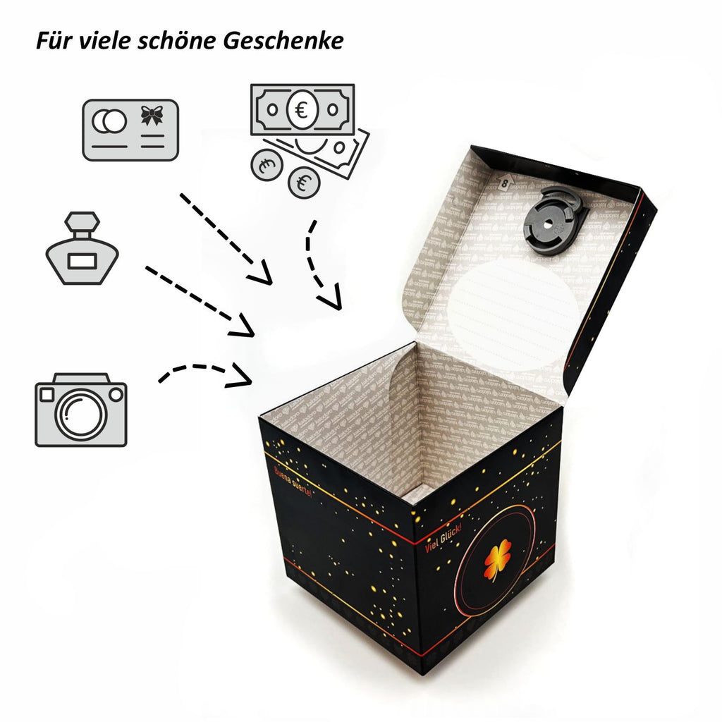 „Geöffnete Schlossbox Glück in Schwarz mit goldenen Sprenkeln und Kleeblatt-Motiv, auf der Innenseite des Deckels ist Platz für eine Nachricht. Icons zur Beschreibung von Geldgeschenken, Gutscheinen und anderen Kleinigkeiten.