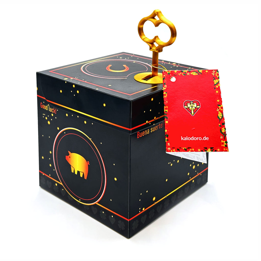 Schlossbox Glück in Schwarz mit goldenen Sprenkeln, Glückssymbol (Hufeisen und Glücksschwein) und eingestecktem goldenem Schlüssel, rotes Grußheftchen befestigt.