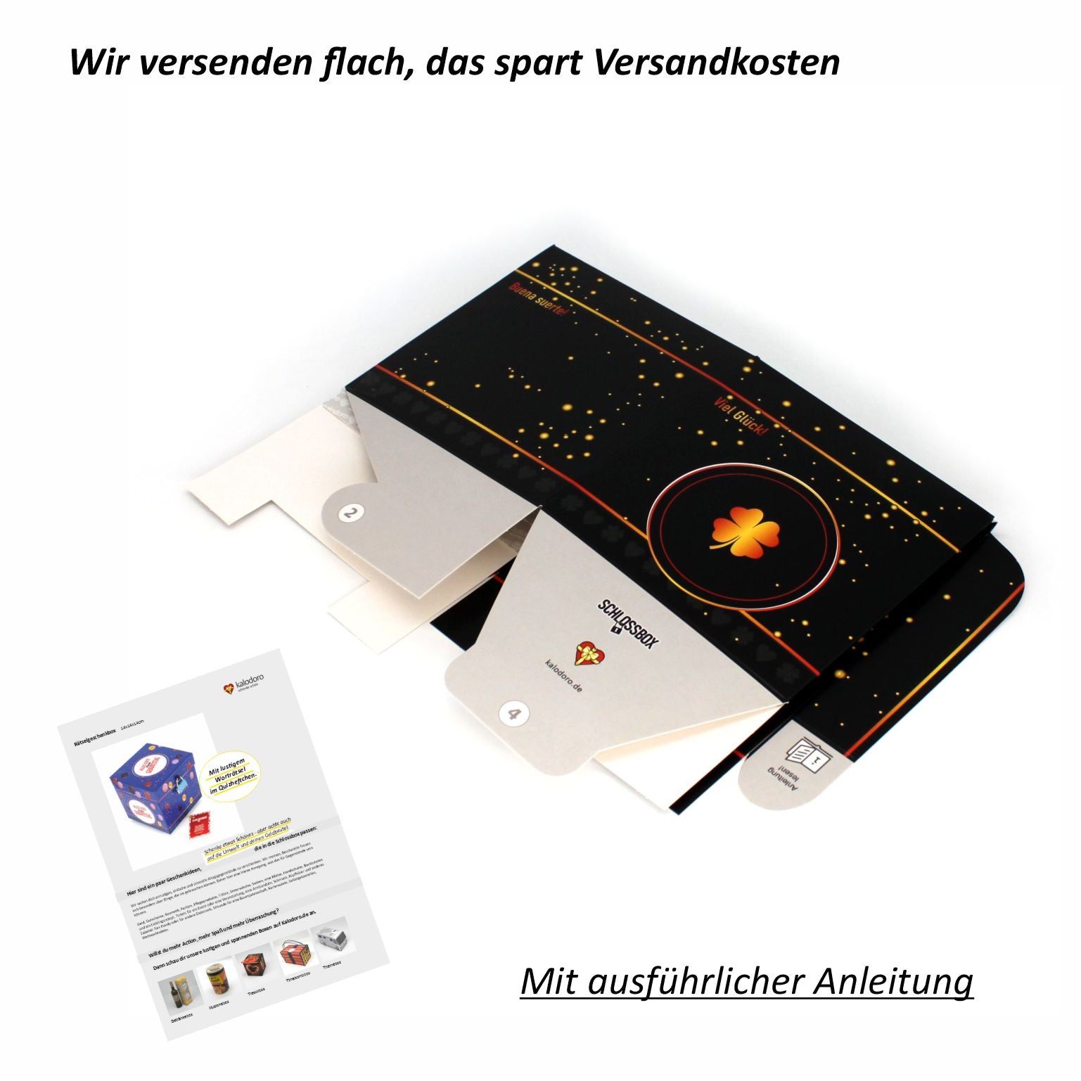 Schlossbox Glück flach liegend vor dem Zusammenbau, schwarzes Design mit goldenen Sprenkeln und Kleeblatt-Motiv, inklusive Aufbauanleitung.