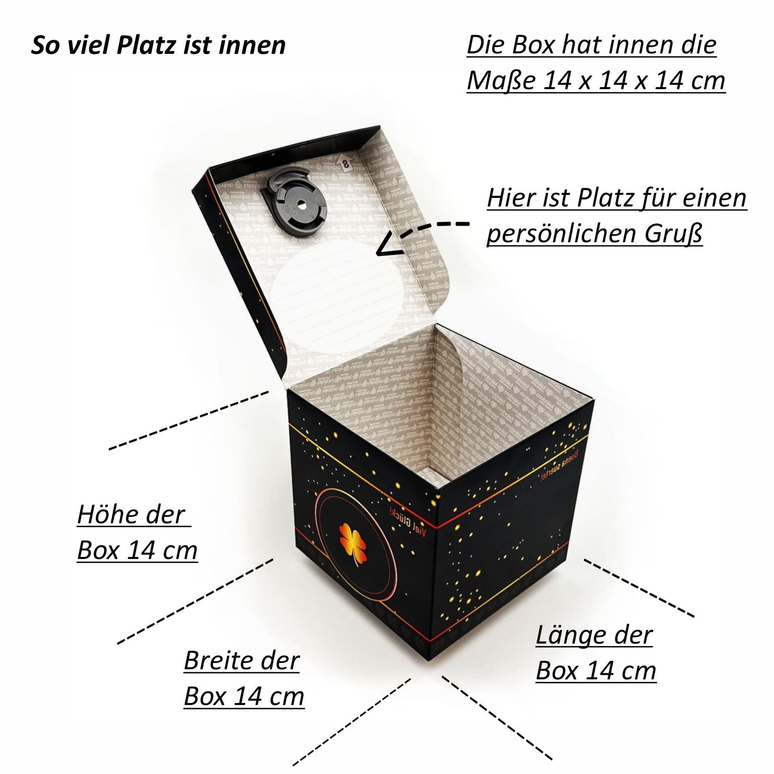 Offene Schlossbox Glück in Schwarz mit goldenen Sprenkeln und Kleeblatt-Design, Innenraum mit den Maßen 14 x 14 x 14 cm und auf der Innenseite des Deckels ist Platz für persönliche Botschaften.