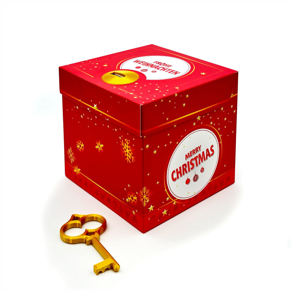 Rote Schlossbox Weihnachten mit goldenem Schlüssel – Geschenkbox mit Schriftzug ‚Merry Christmas‘ und ‚Frohe Weihnachten‘ zum kreativen Verpacken von Gutscheinen oder Geldgeschenken mit Sternchen und Schneeflocken.