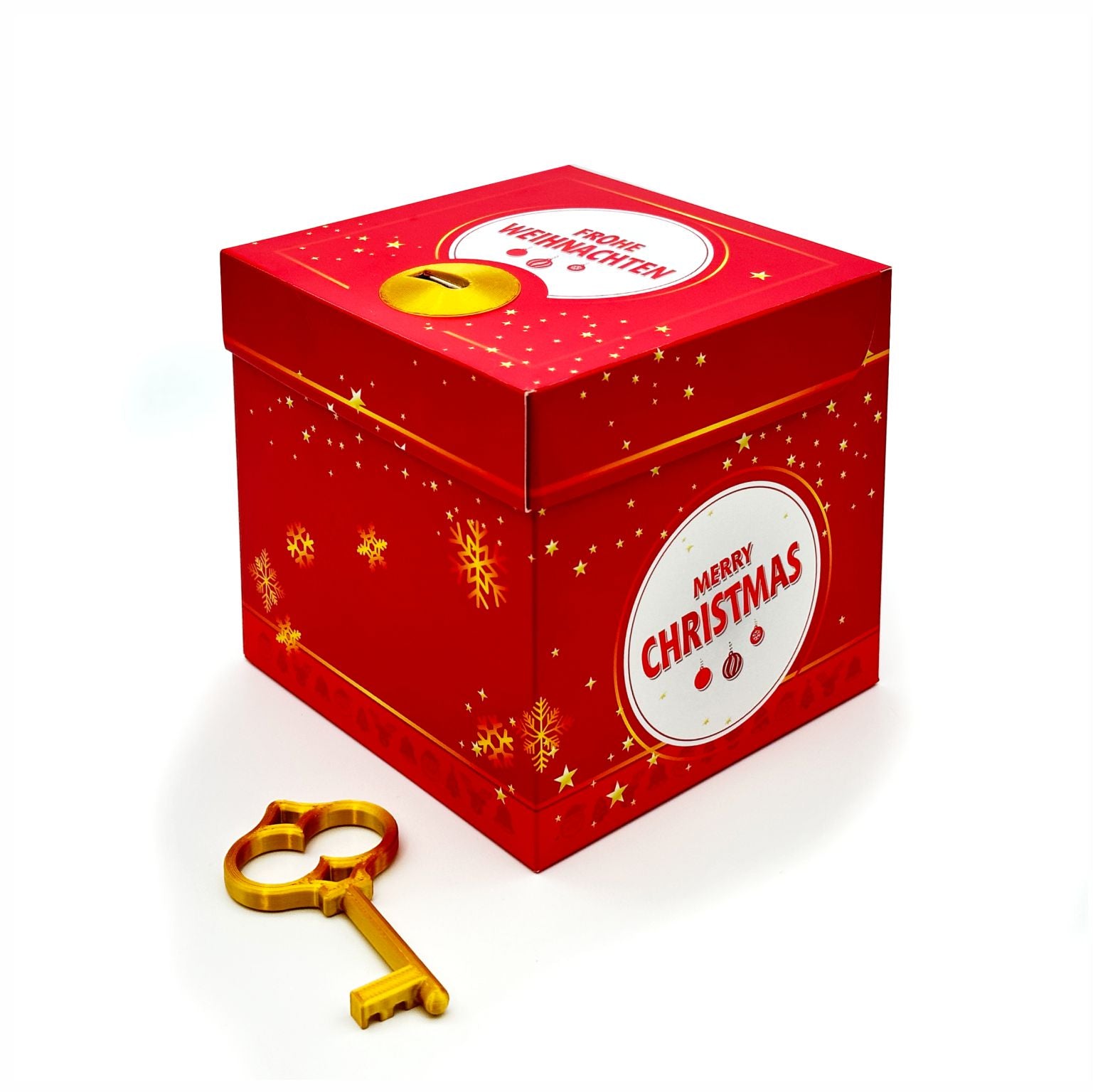 Rote Schlossbox Weihnachten mit goldenem Schlüssel – Geschenkbox mit Schriftzug ‚Merry Christmas‘ und ‚Frohe Weihnachten‘ zum kreativen Verpacken von Gutscheinen oder Geldgeschenken mit Sternchen und Schneeflocken.