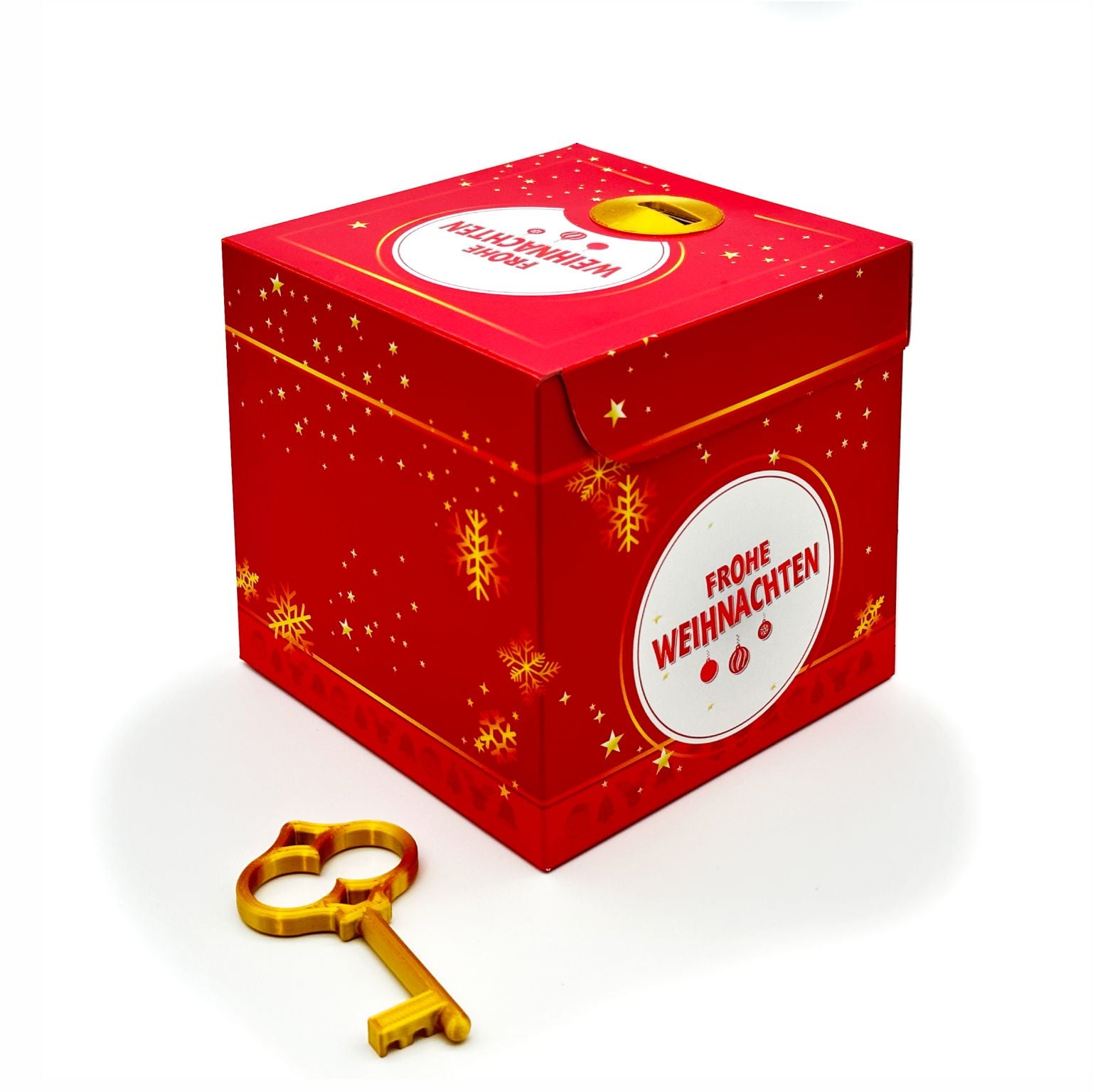 Rote Schlossbox Weihnachten mit goldenem Schlüssel – Geschenkbox mit Schriftzug ‚Frohe Weihnachten‘ zum kreativen Verpacken von Gutscheinen oder Geldgeschenken mit Sternchen und Schneeflocken.