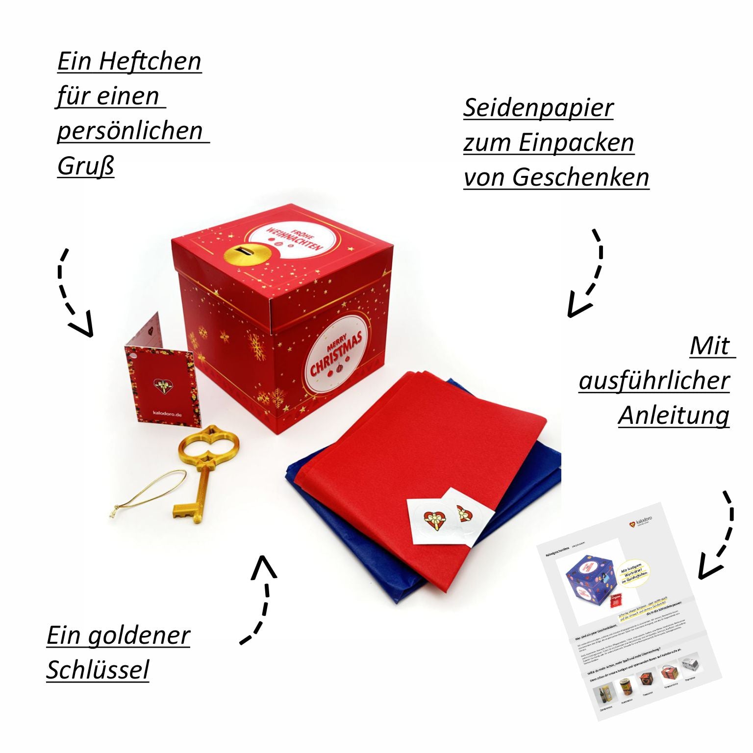 Schlossbox Weihnachten Set mit goldenem Schlüssel, Seidenpapier, Grußheftchen und Anleitung – kreative Geschenkbox für Geldgeschenke oder Gutscheine.