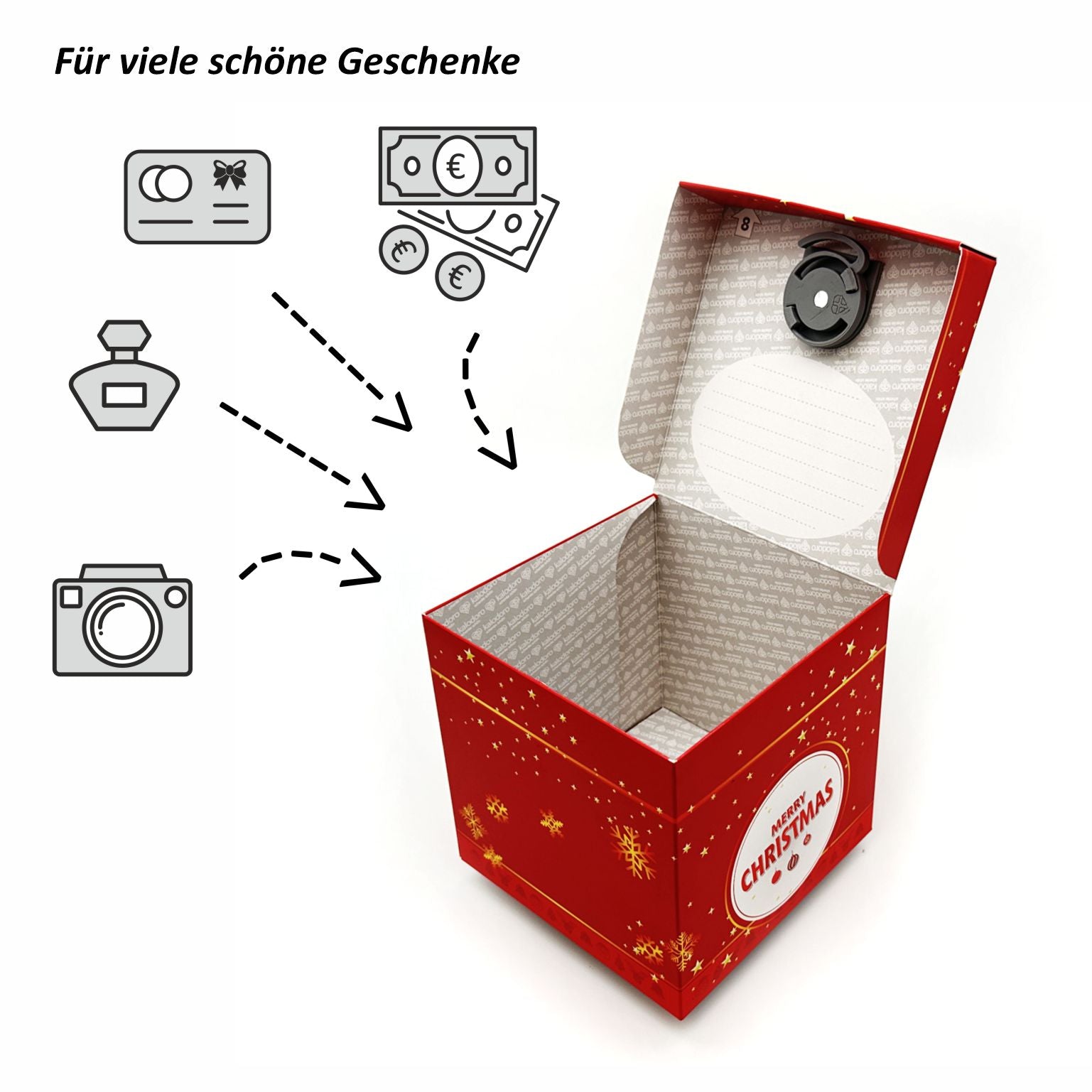 Geöffnete Schlossbox Weihnachten mit Platz für Geldgeschenke, Gutscheine, Schmuck oder kleine Überraschungen.
