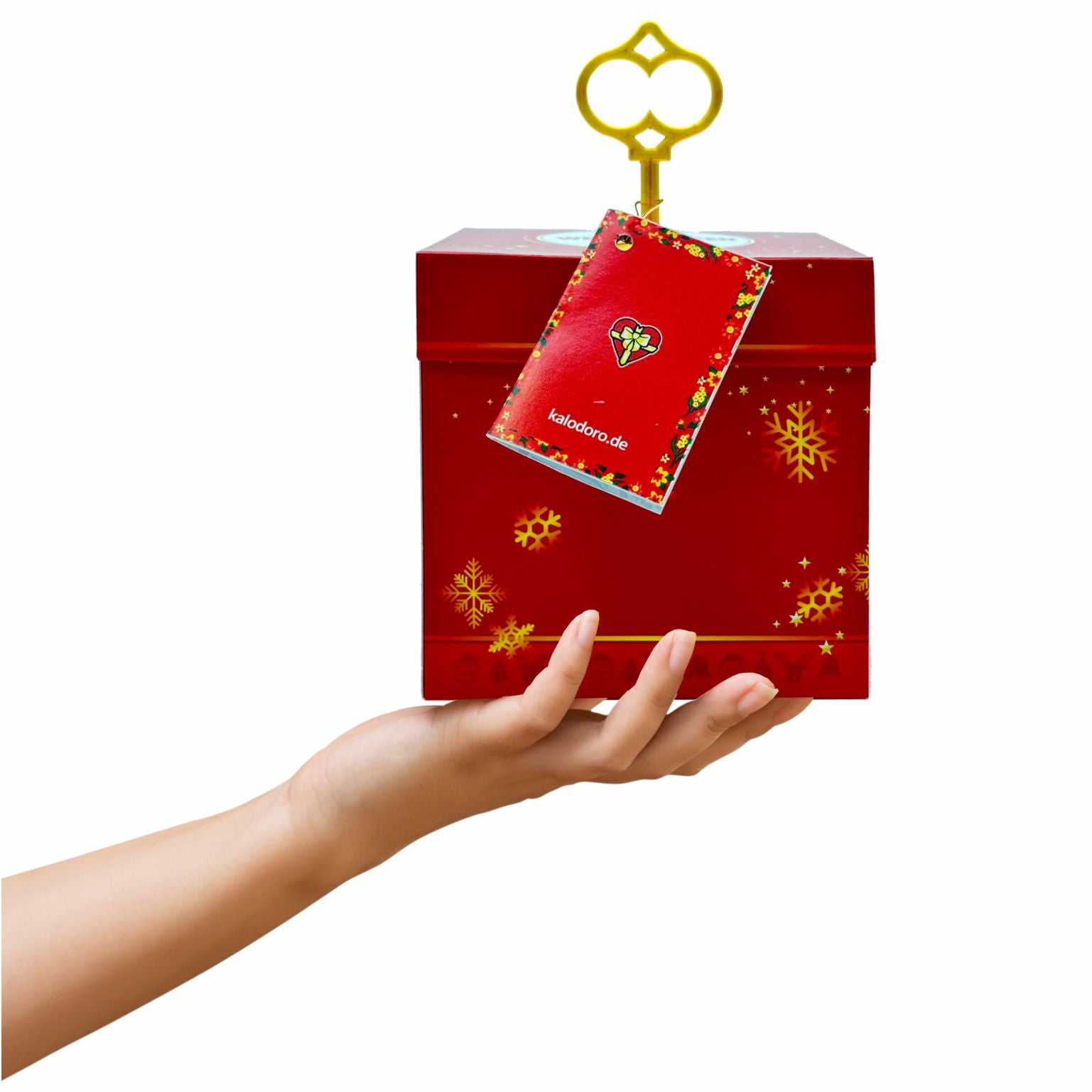 Schlossbox Weihnachten mit goldenem Schlüssel wird von einer Hand gehalten – kreative Geschenkverpackung für Geldgeschenke und Gutscheine.