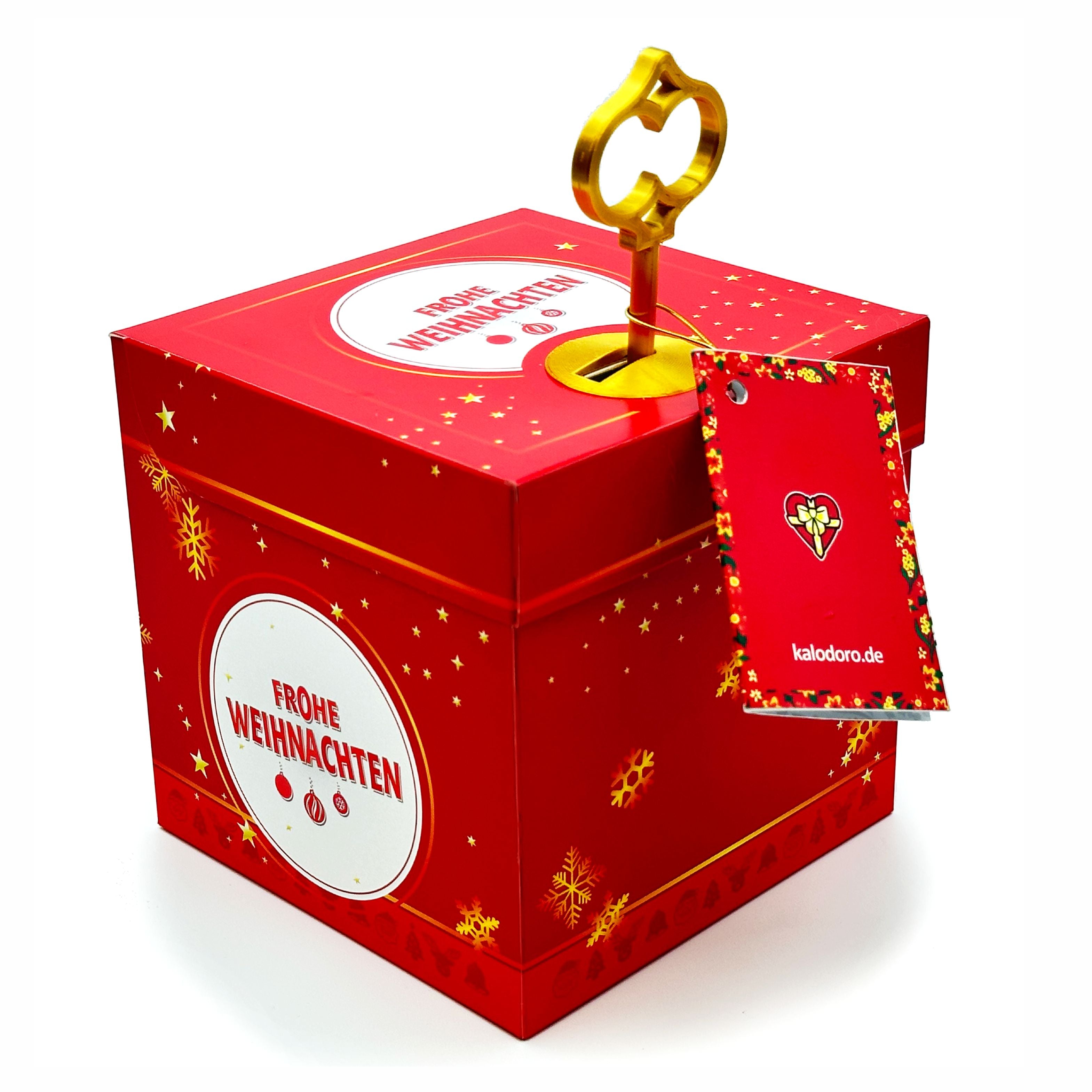 Rote Schlossbox Weihnachten mit goldenem Schlüssel und Anhänger – Geschenkbox mit Schriftzug ‚Frohe Weihnachten‘ für Geldgeschenke oder Gutscheine.