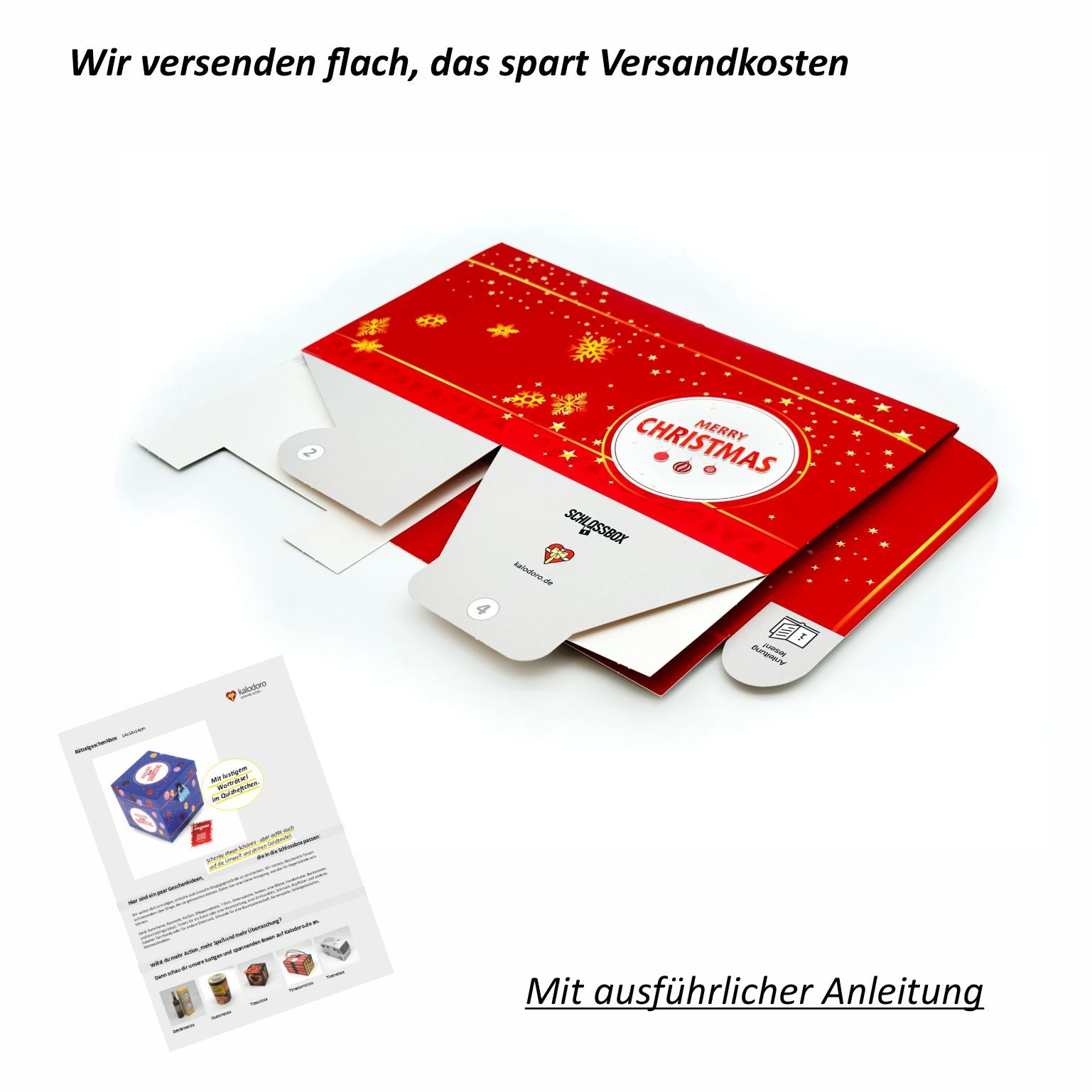 Schlossbox Weihnachten wird flach geliefert – platzsparender Versand mit Aufbauanleitung.
