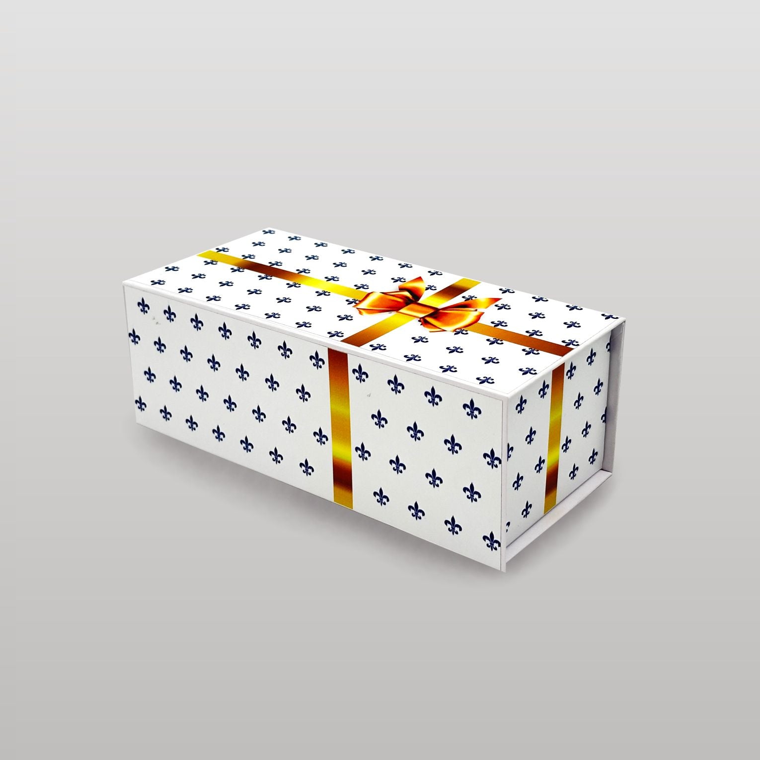 Magnetbox weiß mit goldener Schleife und Lilienmuster – elegante Geschenkbox mit Magnetverschluss für Gutschein oder Geldgeschenk