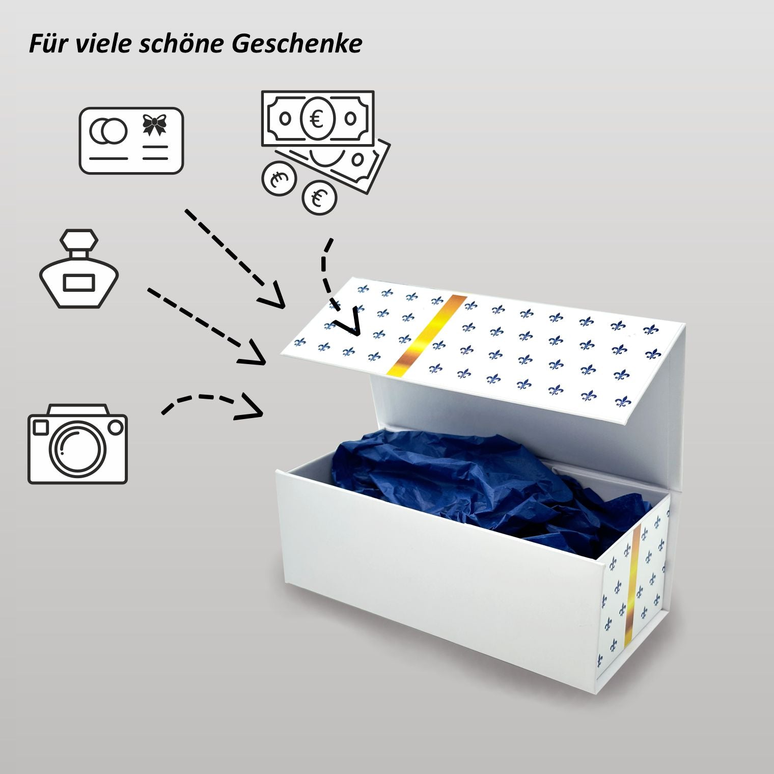 Magnetbox weiß mit goldener Schleife geöffnet – geeignet für Geldgeschenk, Gutschein, Parfum oder kleine Aufmerksamkeiten