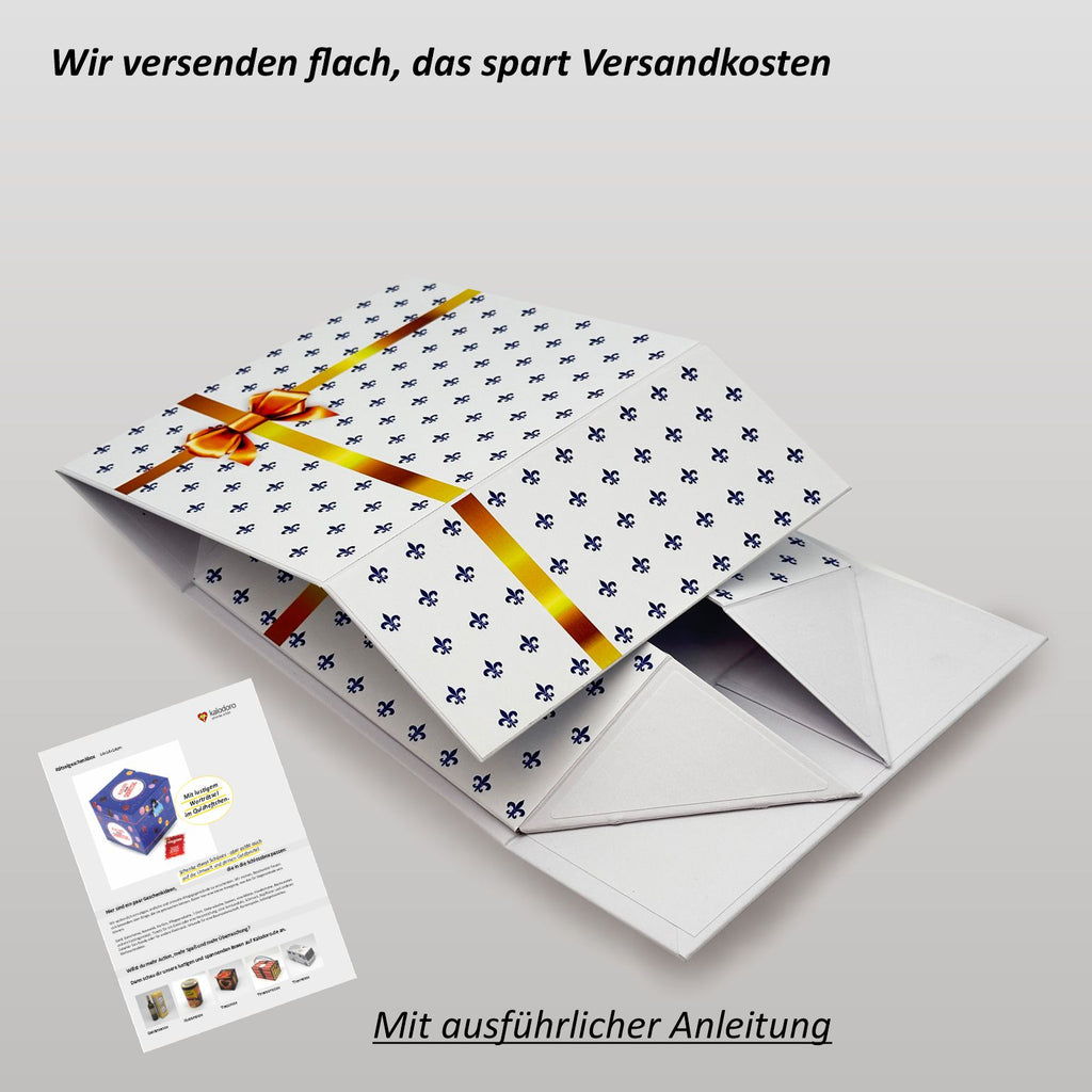 Magnetbox weiß mit goldener Schleife flach liegend– platzsparender Versand der Geschenkbox mit Magnetverschluss, einfacher Aufbau