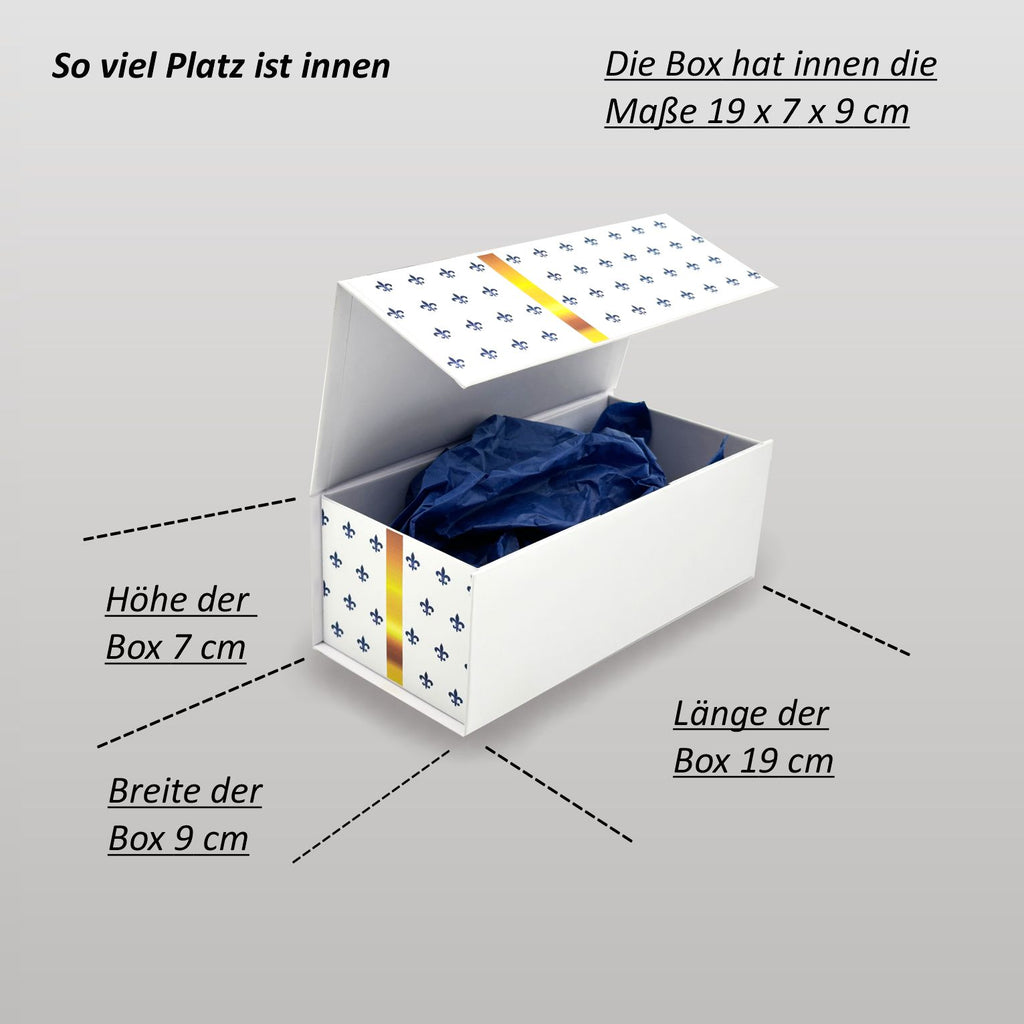 Magnetbox weiß mit goldener Schleife und Lilienmuster geöffnet – Innenmaß 19 x 7 x 9 cm, ideal für Gutschein oder Geldgeschenk