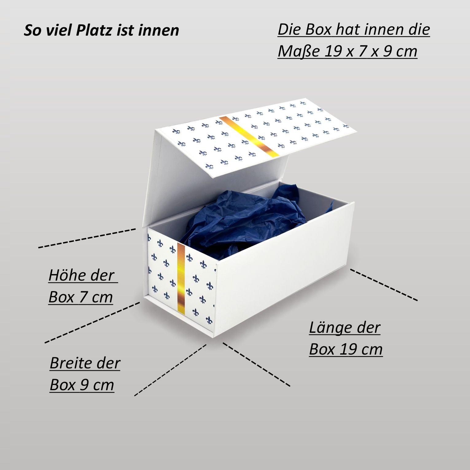 Magnetbox weiß mit goldener Schleife und Lilienmuster geöffnet – Innenmaß 19 x 7 x 9 cm, ideal für Gutschein oder Geldgeschenk